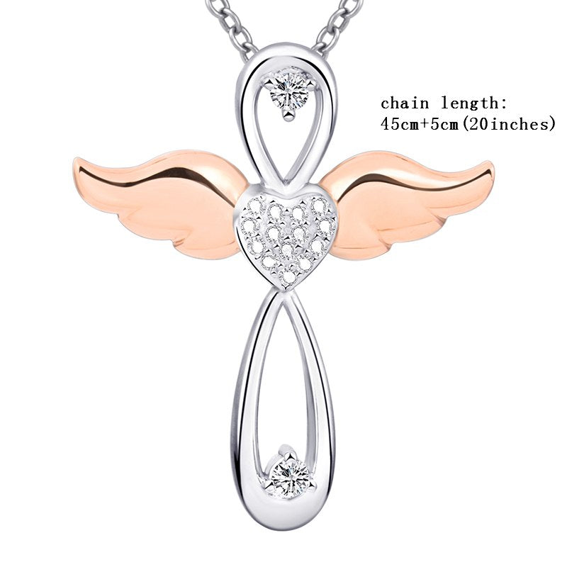 New arrival 925 sterling silver angel cross chain pendant necklace with rose gold color wing diy fine jewelry factory supply