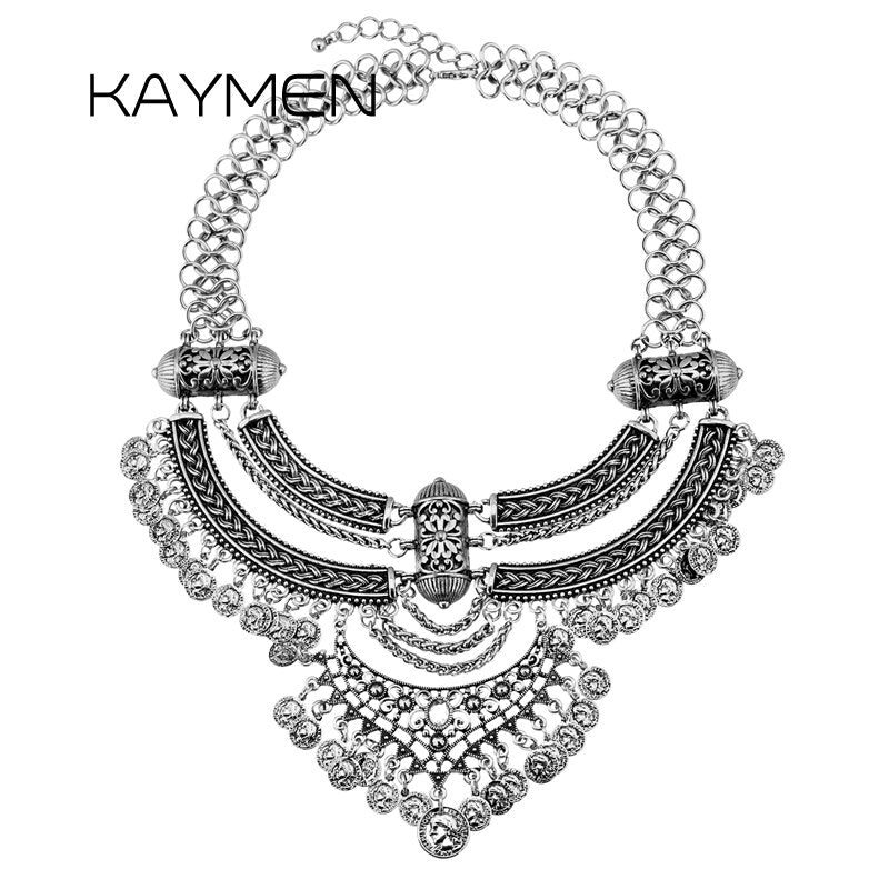statement vintage necklace antique gold silver color zinc-alloy coins bohemian necklace for women bib bijou