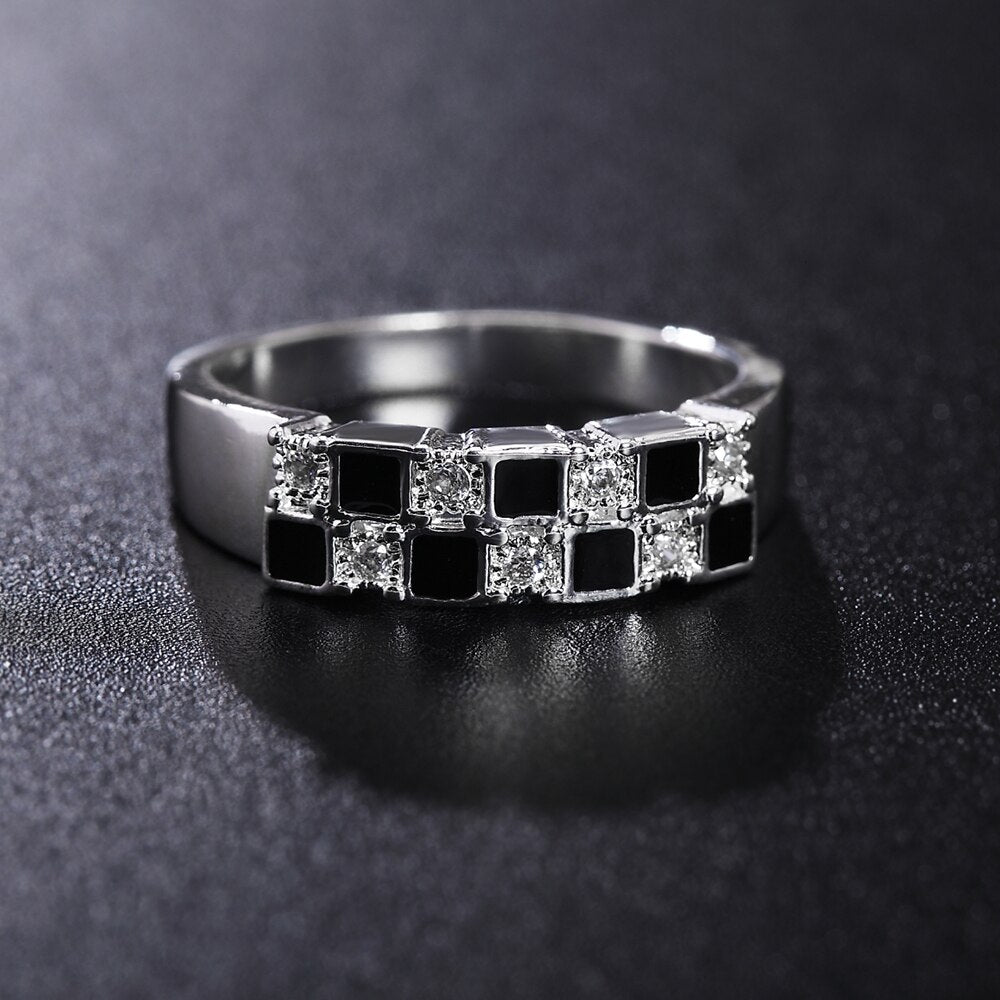 charms 925 Sterling Silver fine crystal Black grid Rings For Women streetwear Party Gifts wedding designer jewelry