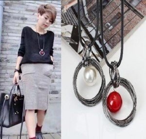 New circles simulated pearl ball pendant long necklace women black chain fashion jewelry   gift