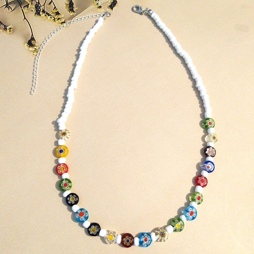 colored glaze flower necklace bohemian simple rice beads female super fairy niche design jewelry ladies party gifts