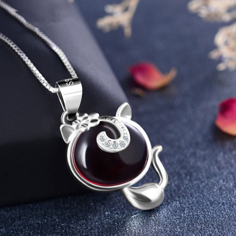 New design 925 sterling silver necklace buckle kitten crystal pendant necklace 3 color choice