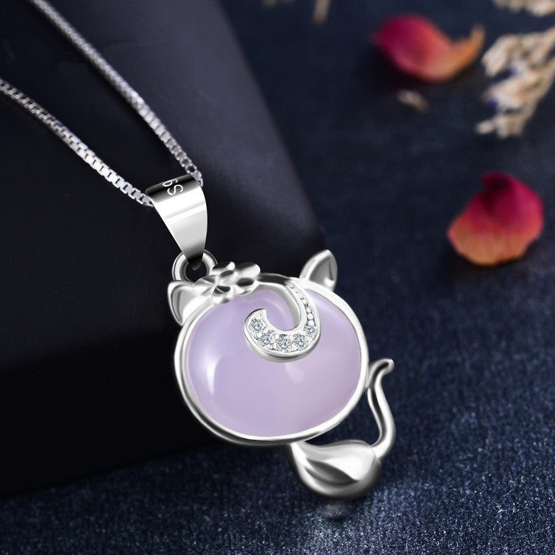 New design 925 sterling silver necklace buckle kitten crystal pendant necklace 3 color choice