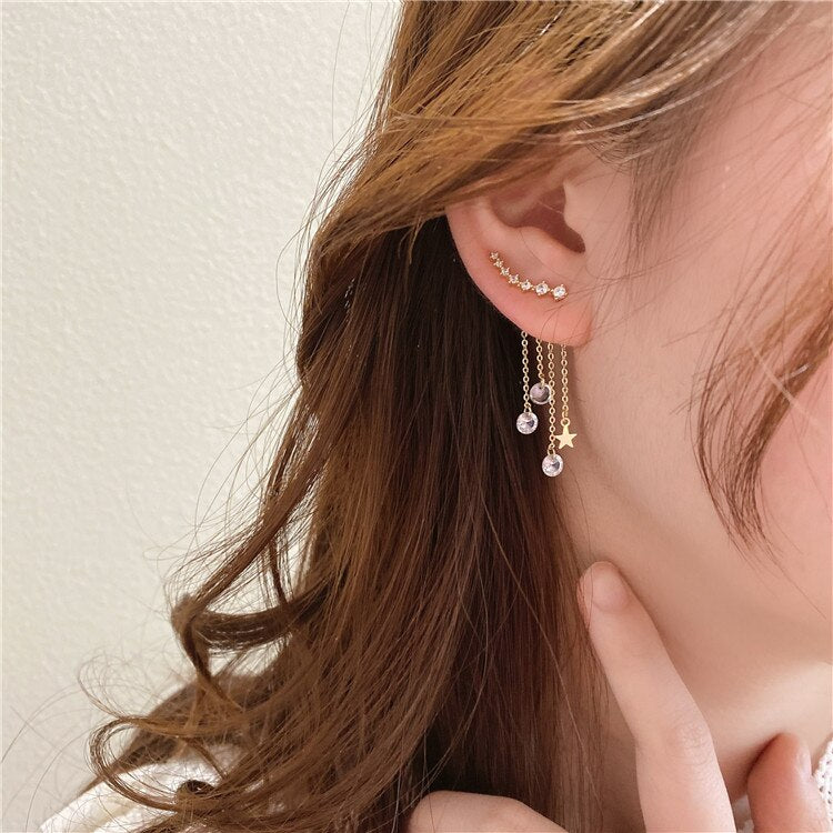 design jewelry copper inlaid zircon leaf long five-pointed star tassel earrings elegant women's wild earrings