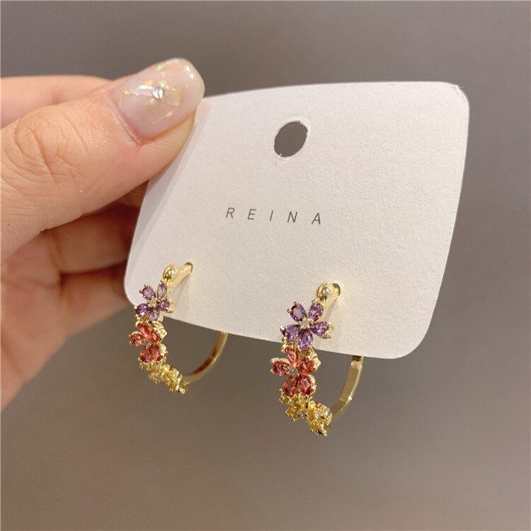 design jewelry exquisite copper inlaid color zircon flower semicircle earrings elegant women's daily wild earrings