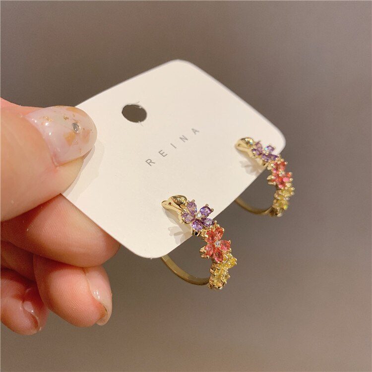 design jewelry exquisite copper inlaid color zircon flower semicircle earrings elegant women's daily wild earrings