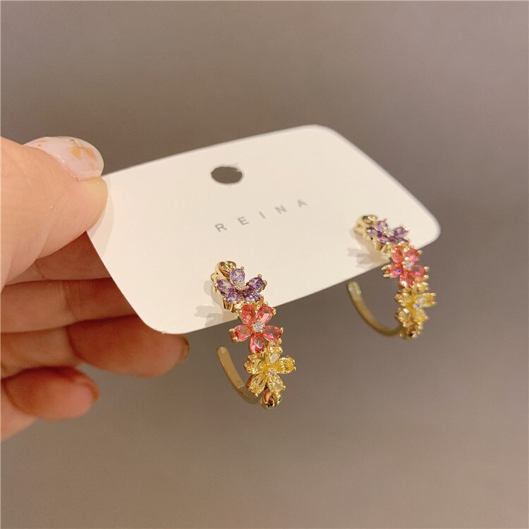 design jewelry exquisite copper inlaid color zircon flower semicircle earrings elegant women's daily wild earrings