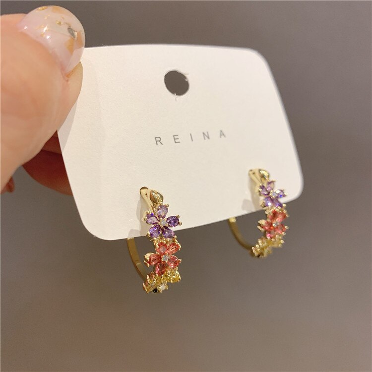 design jewelry exquisite copper inlaid color zircon flower semicircle earrings elegant women's daily wild earrings