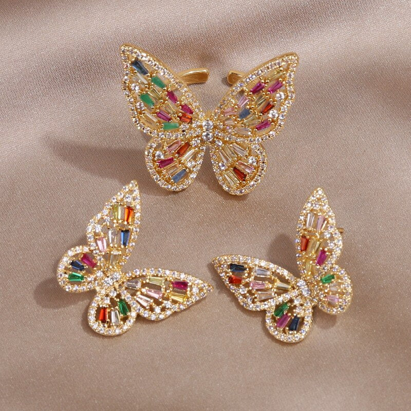jewelry copper inlaid with colored zircon exaggerated butterfly ring earrings  women's prom party accessories