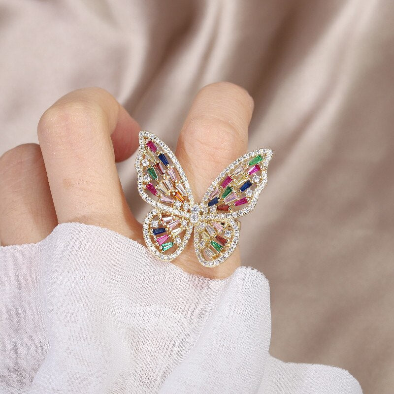 jewelry copper inlaid with colored zircon exaggerated butterfly ring earrings  women's prom party accessories