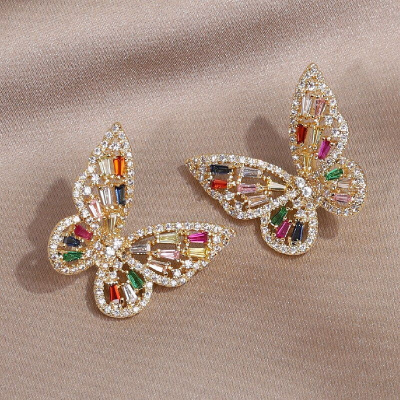 jewelry copper inlaid with colored zircon exaggerated butterfly ring earrings  women's prom party accessories