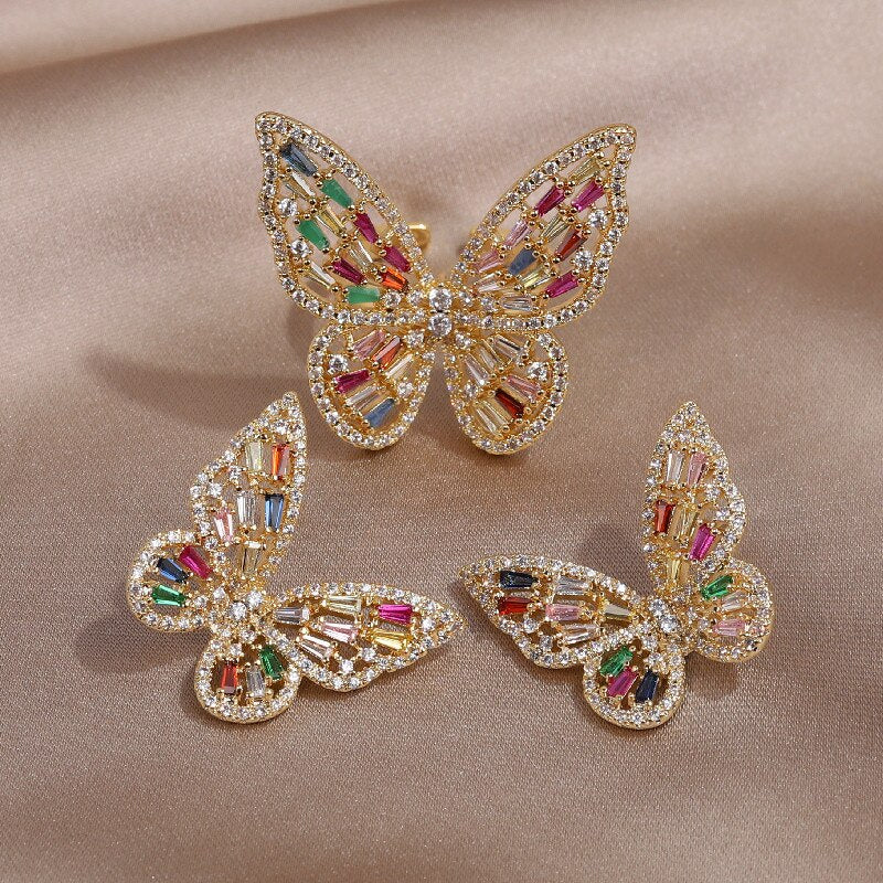 jewelry copper inlaid with colored zircon exaggerated butterfly ring earrings  women's prom party accessories