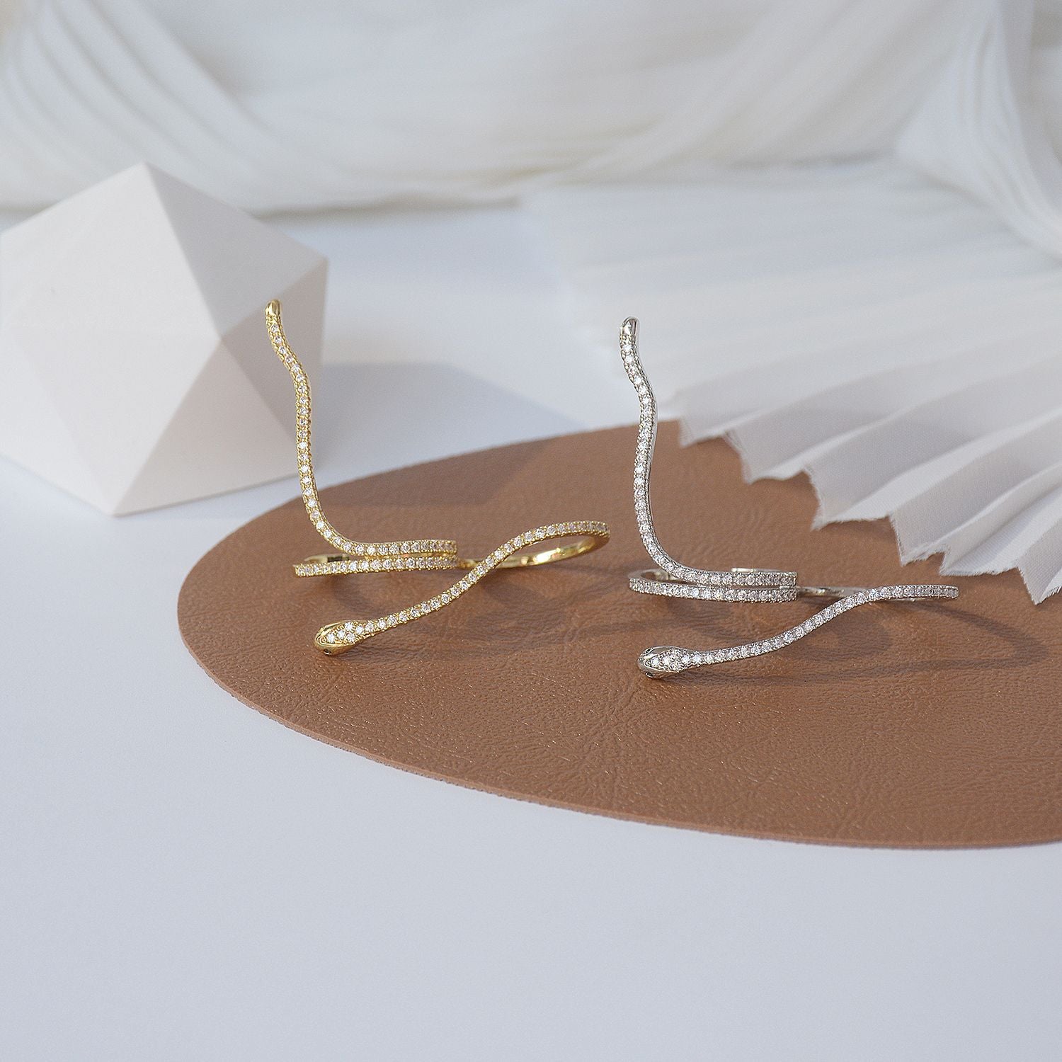 jewelry design double finger hole snake 14K gold plating ring  AAA zircon women prom opening adjustable ring