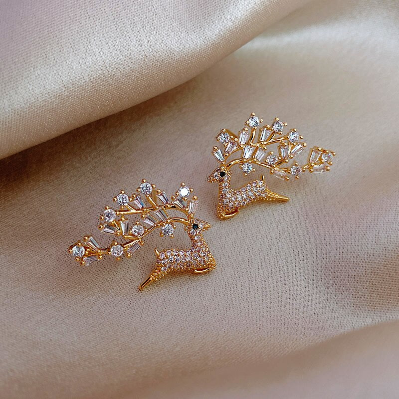 jewelry exquisite copper inlaid zircon deer branch 14K gold earrings  full crystal women's prom party earrings