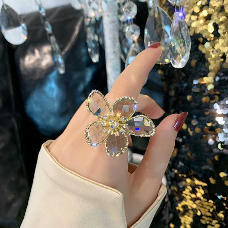 jewelry opening high-grade copper inlaid crystal glass flower ring exaggerated  cocktail party ring for women