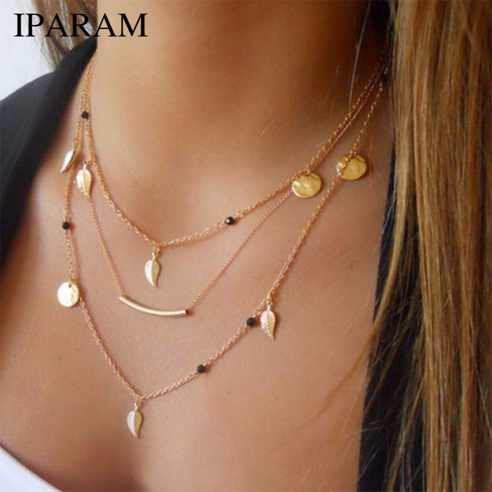 New gold silver chain beads leaves pendant necklace fashion jewelry multi layer necklaces for women Collier femme accessories