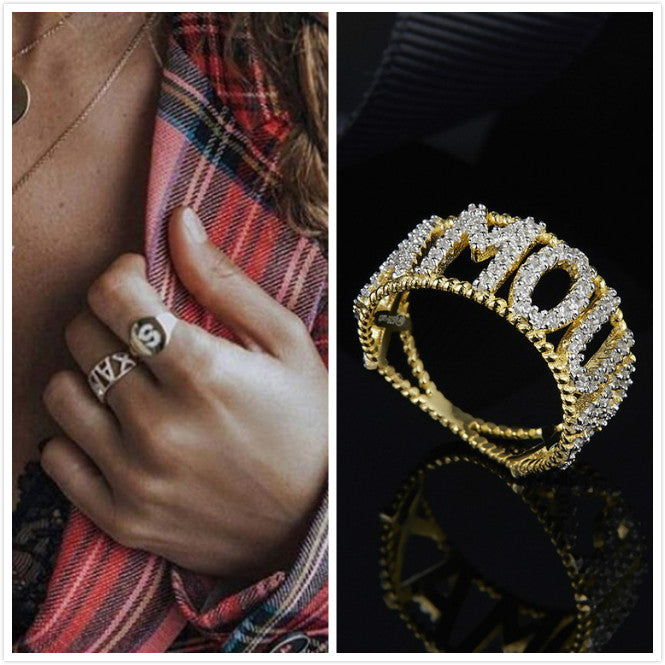 New hollow initial letter Amour ring gold color women girls zircon cz Alphabet Ring 925 sterling silver France monaco jewelry