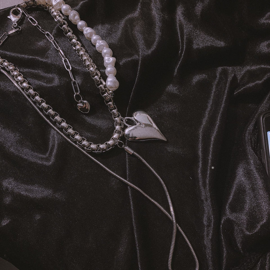 ins Hip-hop Stainless Steel Pearl Pendant Necklace Vintage Heart Necklaces Chain Choker For Women Girls Jewelry