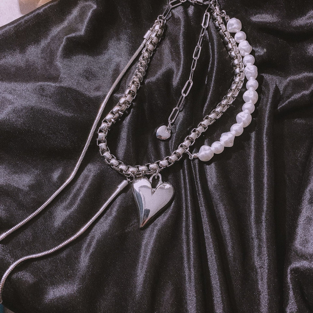 ins Hip-hop Stainless Steel Pearl Pendant Necklace Vintage Heart Necklaces Chain Choker For Women Girls Jewelry