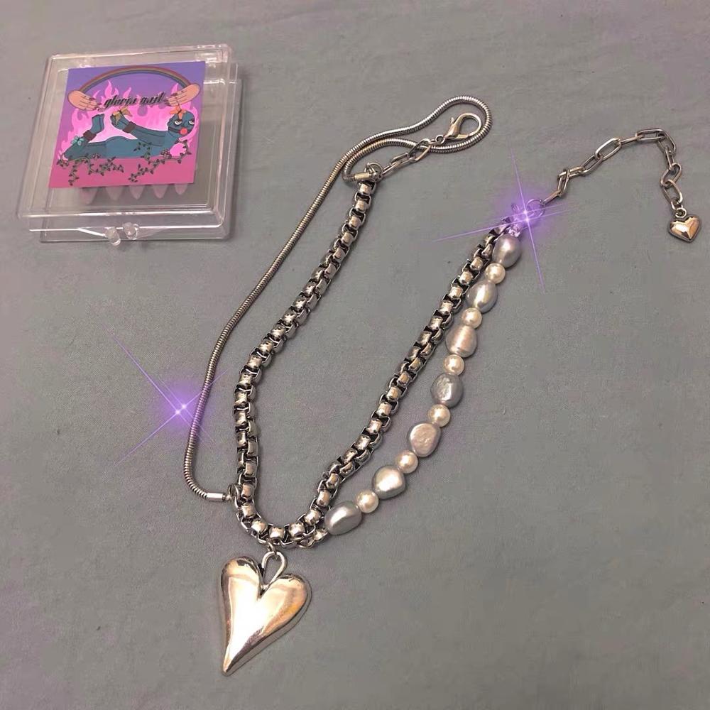 ins Hip-hop Stainless Steel Pearl Pendant Necklace Vintage Heart Necklaces Chain Choker For Women Girls Jewelry