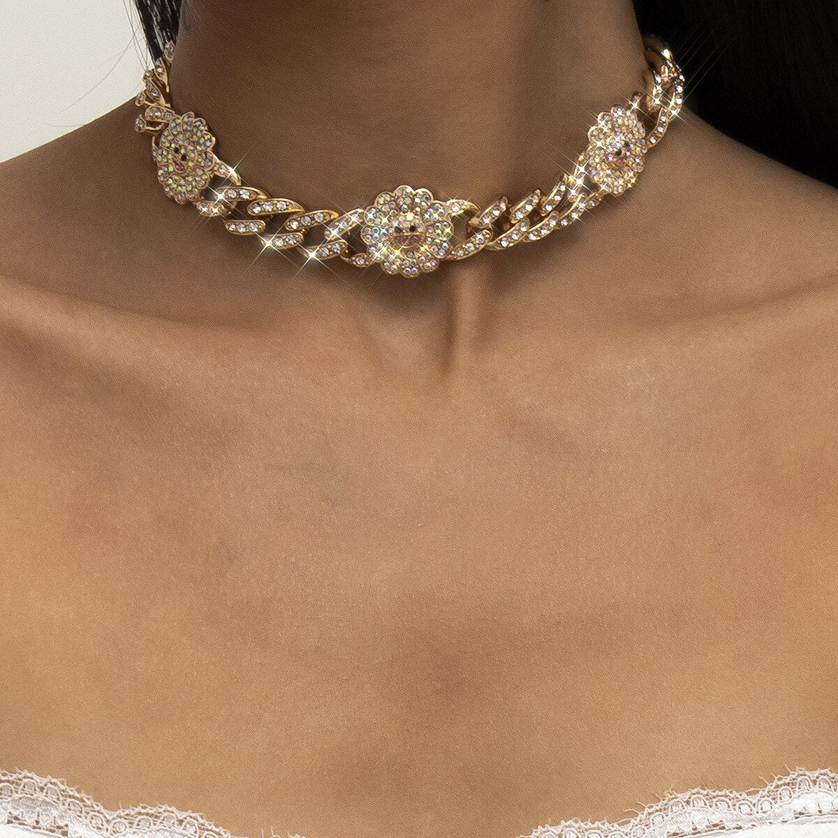 ladies sun flower inlaid necklace simple adjustable Cuban buckle exaggerated smiley face necklace jewelry