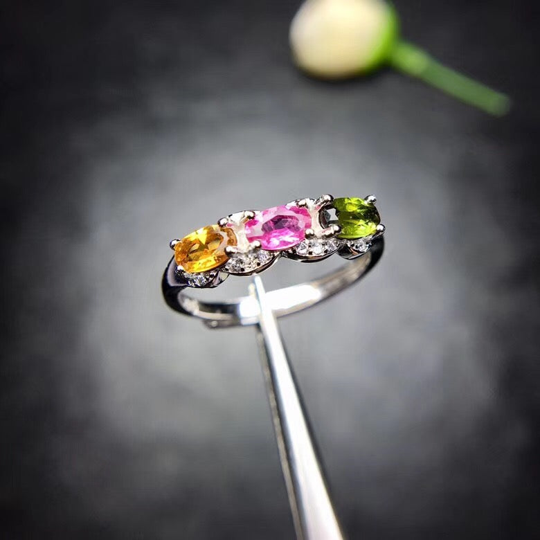 New shop promotes natural tourmaline ring, popular design, multicolored jewel row lady, 925 silver handmade.
