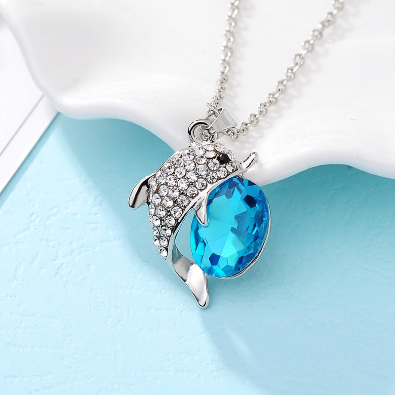New silver color Beautiful big Crystal dolphin Pendants Animal Necklace Full Of Rhinestone Fashion Jewelry For Women Accessories