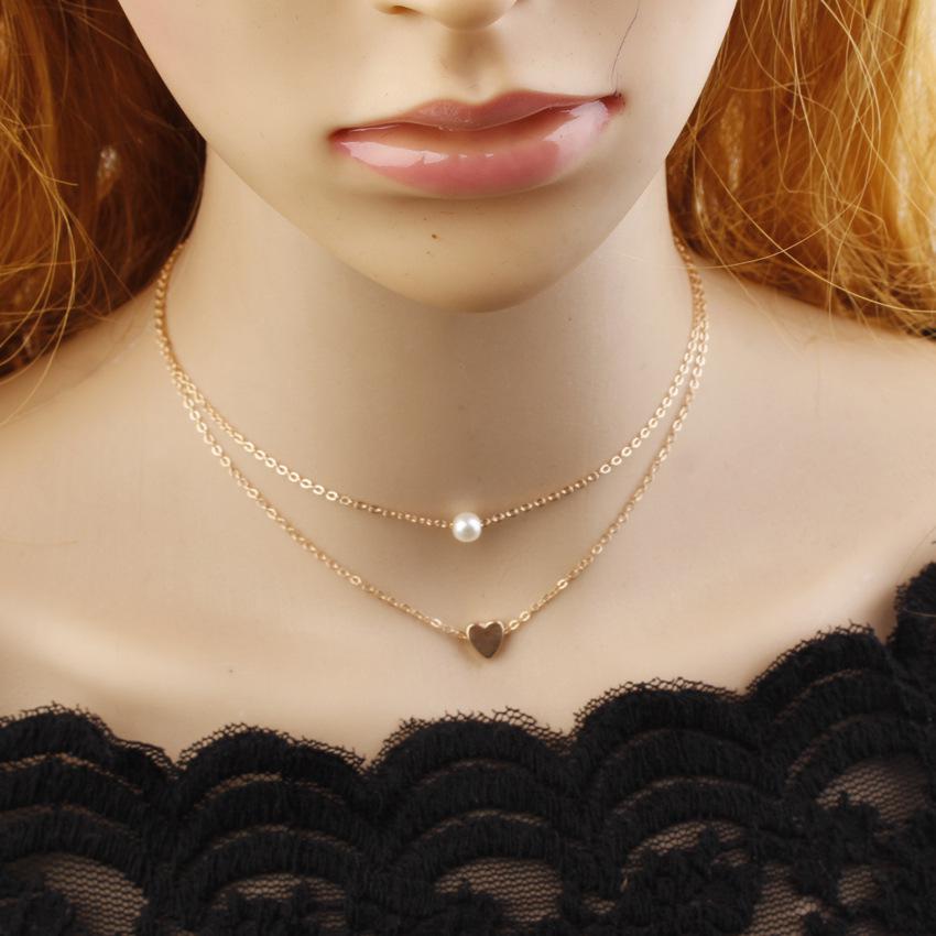 New simple heart-shaped heart-shaped clavicle chain female jewelry fine chain love pendant imitation pearl double short necklace