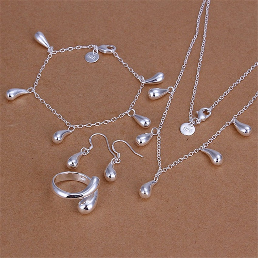 streetwear 925 sterling Silver Water drop Bracelet necklace earrings rings Jewelry set for women wedding Party Gifts