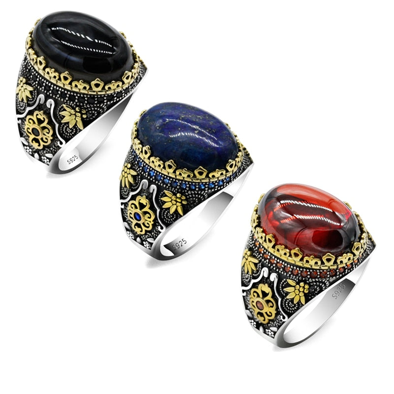 style lapis lazuli eye agate ring Turkish style 925 sterling silver men's red zircon ring, vintage engraving design