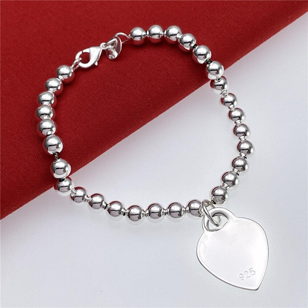 trend 925 sterling Silver 6MM Beads Chain Heart Pendant Bracelets for Women party wedding Jewelry Christmas gifts