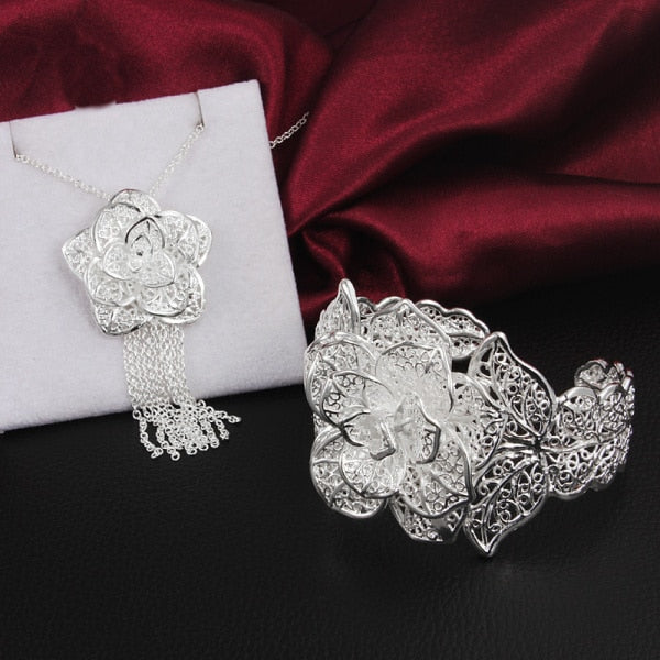trend designer 925 Sterling Silver for woman wedding Jewelry sets flower Pendant necklace bracelet bangle party gift