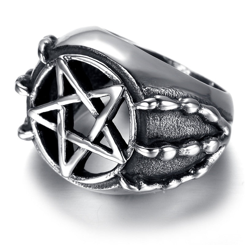 NewRetro Skull Dragon Claw Pentagram Hollow Ring Men's Ring Vintage Metal Pentagram Round Ring Accessories Party Jewelry