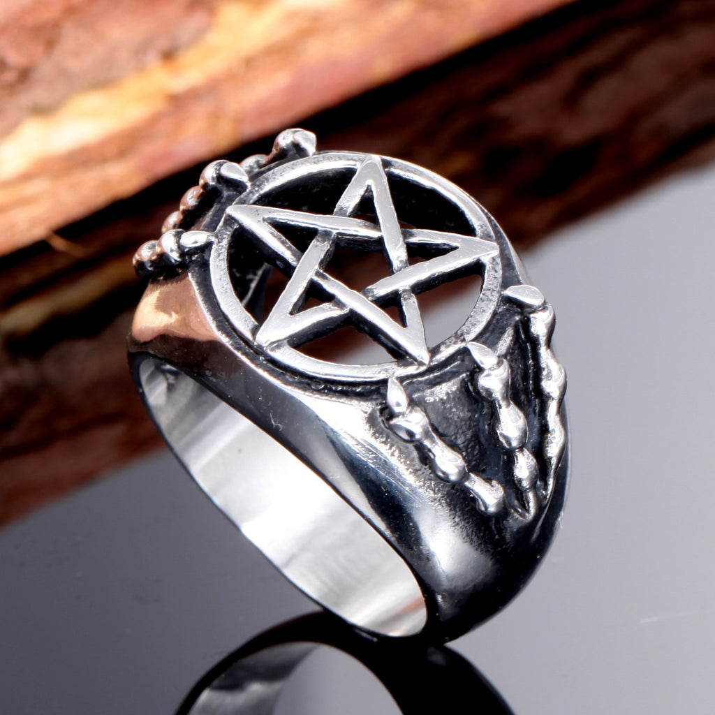 NewRetro Skull Dragon Claw Pentagram Hollow Ring Men's Ring Vintage Metal Pentagram Round Ring Accessories Party Jewelry