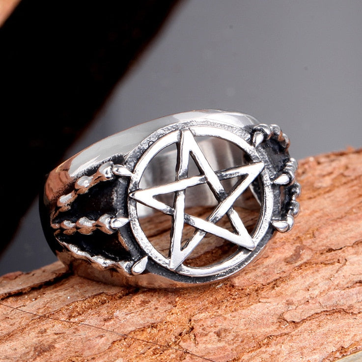 NewRetro Skull Dragon Claw Pentagram Hollow Ring Men's Ring Vintage Metal Pentagram Round Ring Accessories Party Jewelry