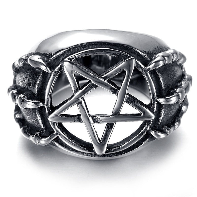 NewRetro Skull Dragon Claw Pentagram Hollow Ring Men's Ring Vintage Metal Pentagram Round Ring Accessories Party Jewelry
