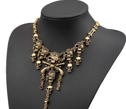 Newest Co Punk Gothic Skeleton Skull Necklace Vintage Pirate Skull Bib Statement Choker Necklace Collier Femme