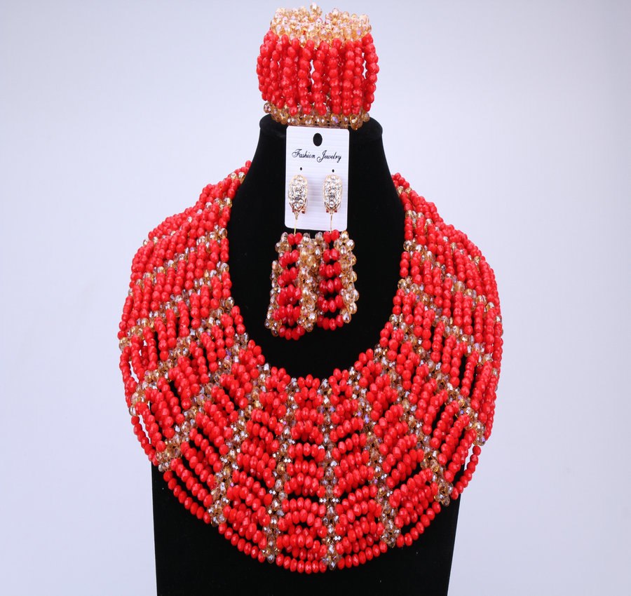 Newest Dubai Jewelry Sets With Red Flowers Indian Bridal Jewelry Set Wedding Crystal Nigeria Necklace Women Set 2020 Free Ship