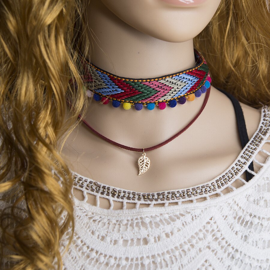 Newest Ethnic Choker Necklace Double Colorful Cotton Cloth Bohemia Necklace Jewelry Leaf Pendant Necklace for Women Girls