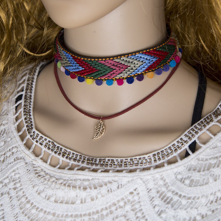 Newest Ethnic Choker Necklace Double Colorful Cotton Cloth Bohemia Necklace Jewelry Leaf Pendant Necklace for Women Girls