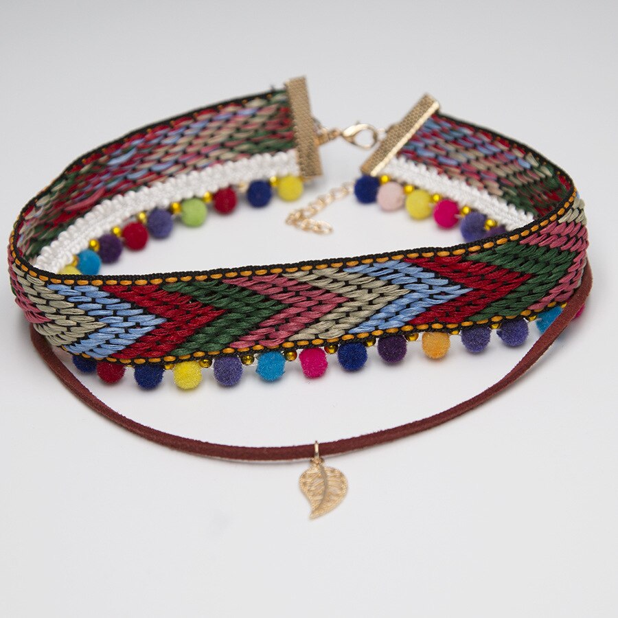 Newest Ethnic Choker Necklace Double Colorful Cotton Cloth Bohemia Necklace Jewelry Leaf Pendant Necklace for Women Girls
