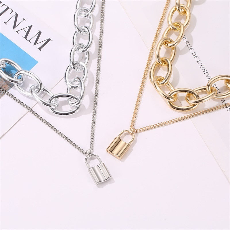 Newest Jewelry Punk Exaggerated Vintage Double Chain Necklace Rock Street Choker Retro Lock Pendant Necklace