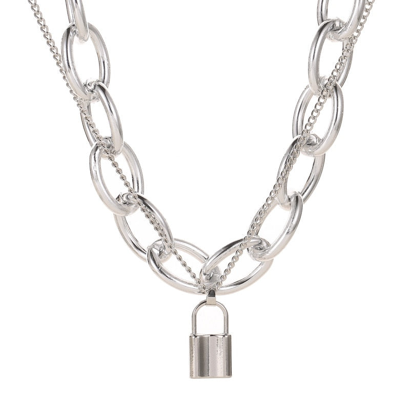 Newest Jewelry Punk Exaggerated Vintage Double Chain Necklace Rock Street Choker Retro Lock Pendant Necklace
