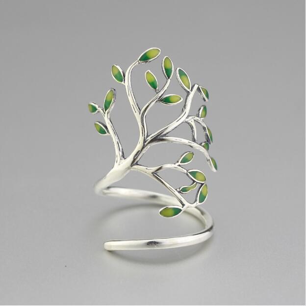 Newest Handmade 925 Jewelry Gold/Silver plated Green Leaves Tree Branch Opening Ring Fashion Design Women women Ring Jewelry