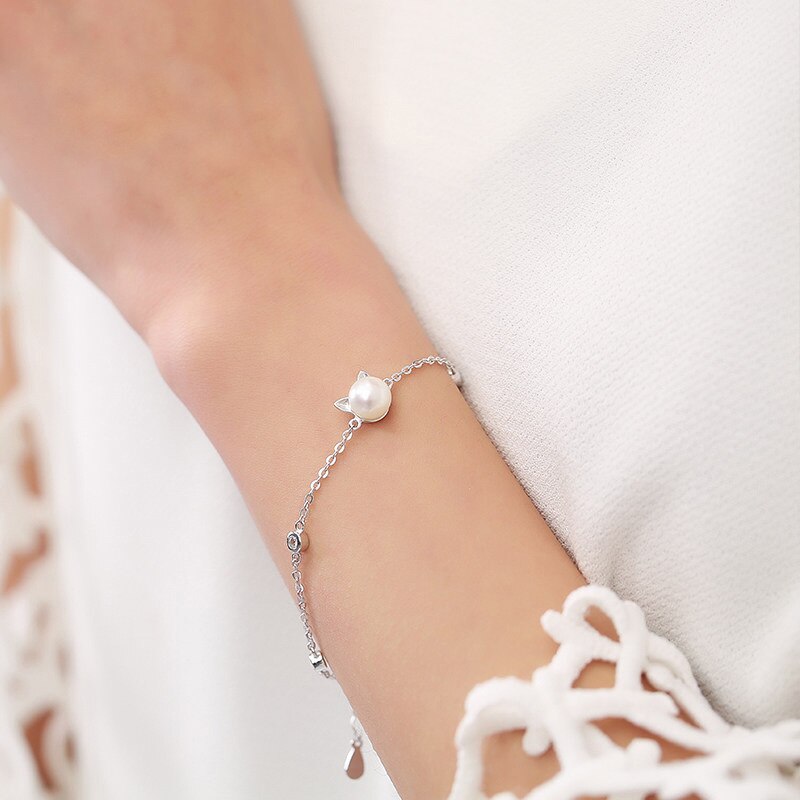 Silver Color Cat Imitation Pearl Necklaces Pendants Cute Animal With Chain Choker Necklace For Girl Jewelry