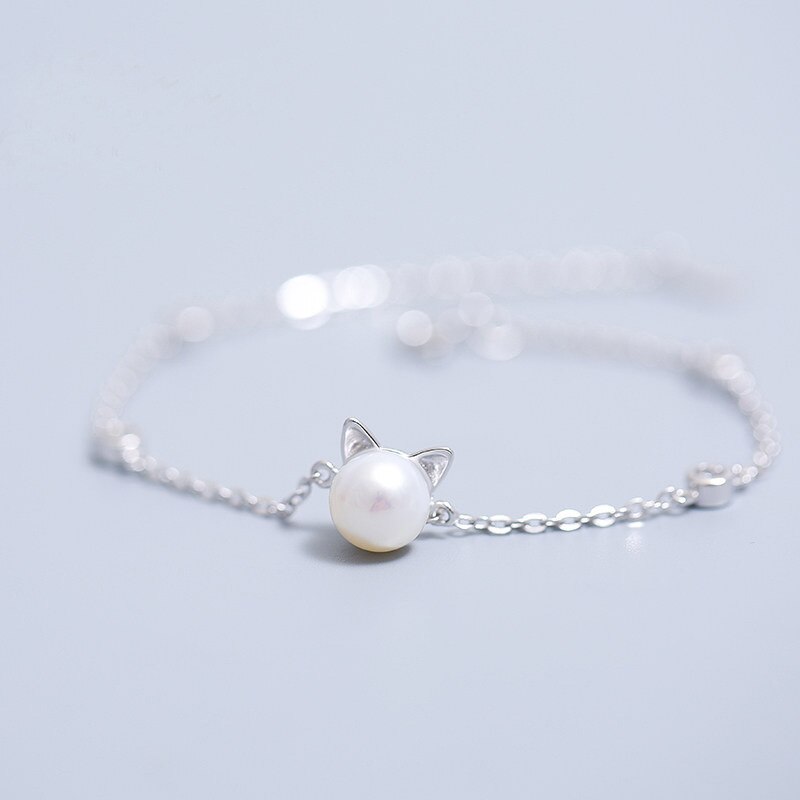 Silver Color Cat Imitation Pearl Necklaces Pendants Cute Animal With Chain Choker Necklace For Girl Jewelry