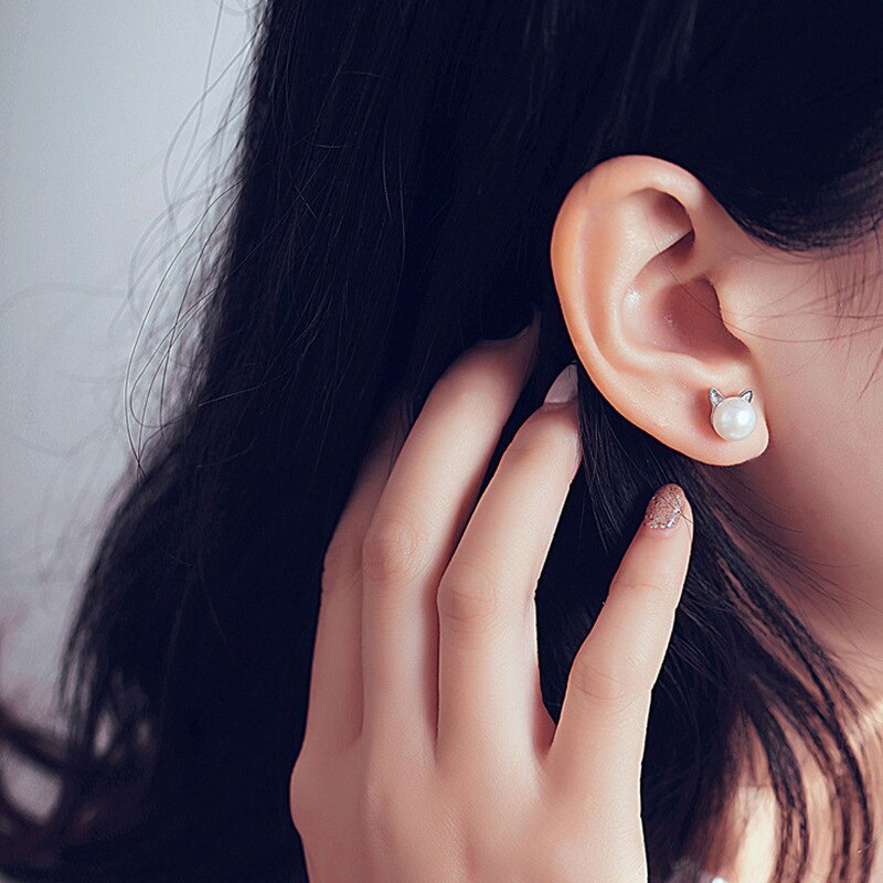 Silver Color Cat Imitation Pearl Necklaces Pendants Cute Animal With Chain Choker Necklace For Girl Jewelry