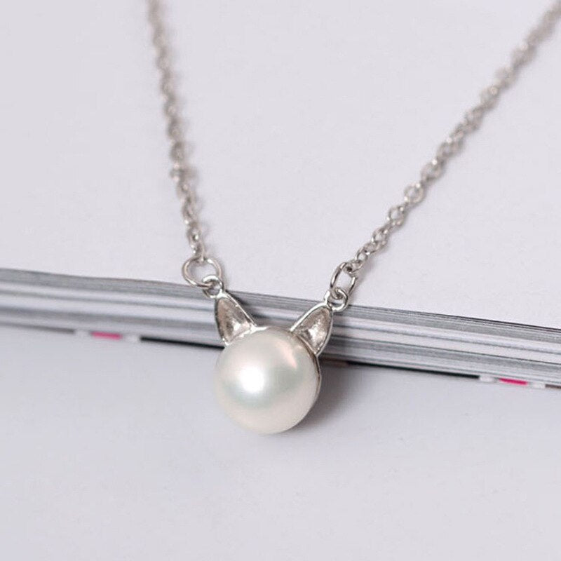 Silver Color Cat Imitation Pearl Necklaces Pendants Cute Animal With Chain Choker Necklace For Girl Jewelry