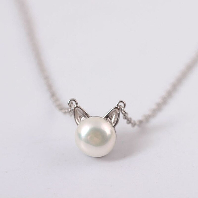 Silver Color Cat Imitation Pearl Necklaces Pendants Cute Animal With Chain Choker Necklace For Girl Jewelry