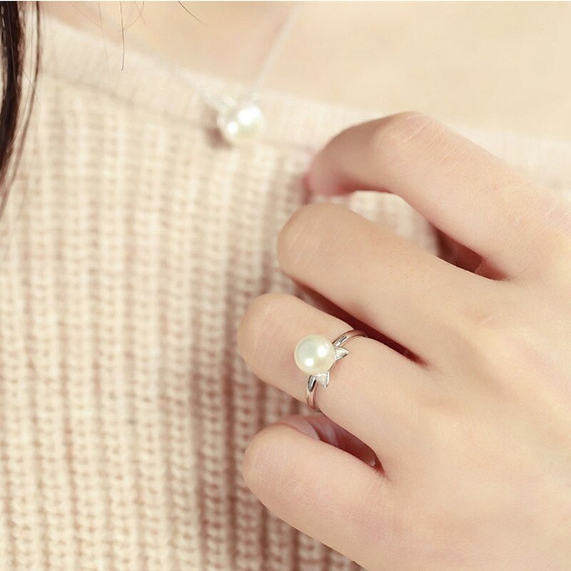 Silver Color Cat Imitation Pearl Necklaces Pendants Cute Animal With Chain Choker Necklace For Girl Jewelry